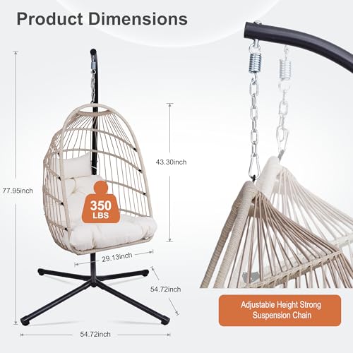 Foldable Hanging Egg Chair with Stand, HDPE Rattan and Aluminum-Steel Frame, 350 Lbs Capacity, Beige V5885