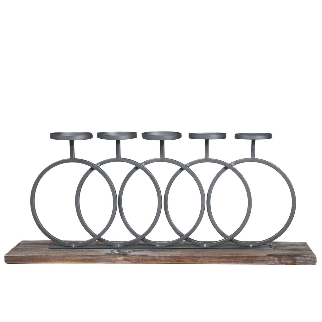 Gray and Brown Wood and Metal Candle Holder with Interlocking 5 Rings A5194