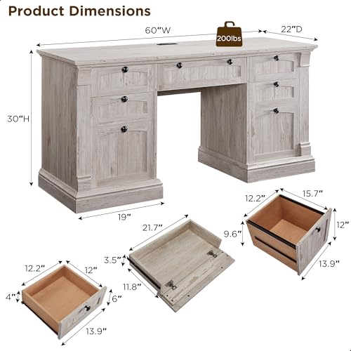 60" White Wood Executive Desk with Drawers G76069
