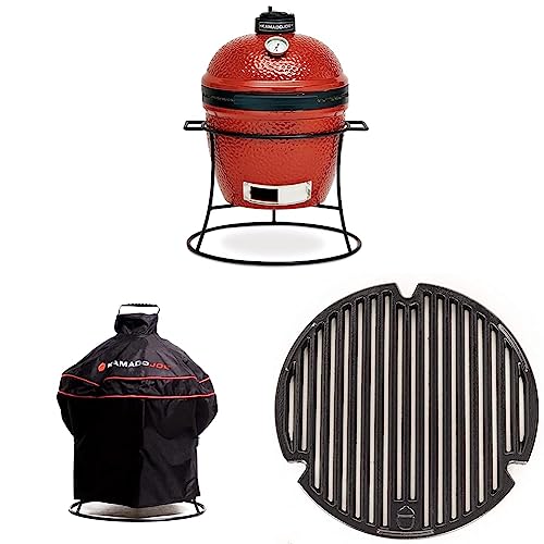 13.5-inch Portable Ceramic Charcoal Grill with Grill Stand, Stainless Steel Cooking Grate, Heat Deflectors and Ash Tool in Red U911