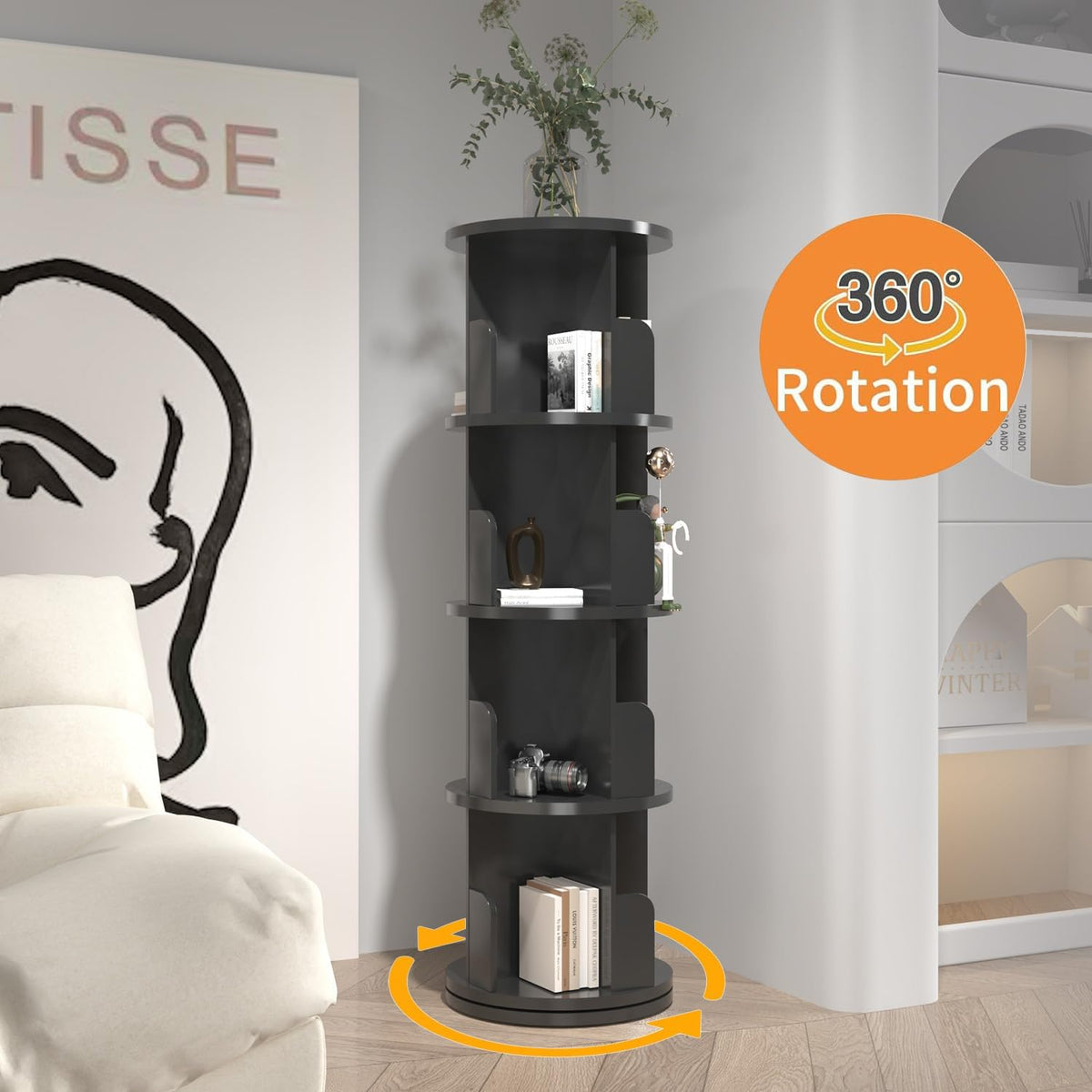 Black 4 Tier Rotating Wood Bookshelf Z988