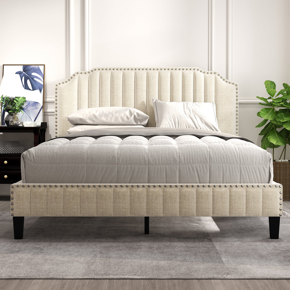 Beige Linen Upholstered Platform Bed Queen U407015