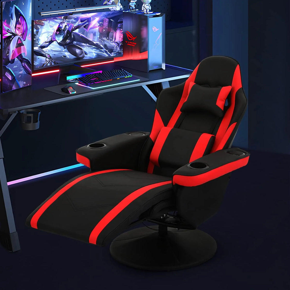 Red PU Leather 360° Swivel Massage Game Chair with Headrest and Footrest T37268