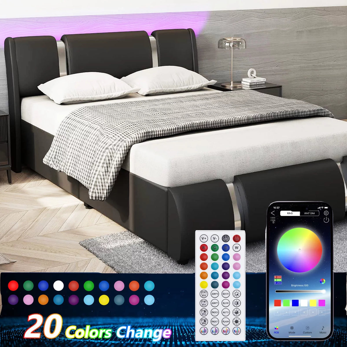 Faux Leather Full Size Platform Bed with LED Light and Adjustable Headboard A442