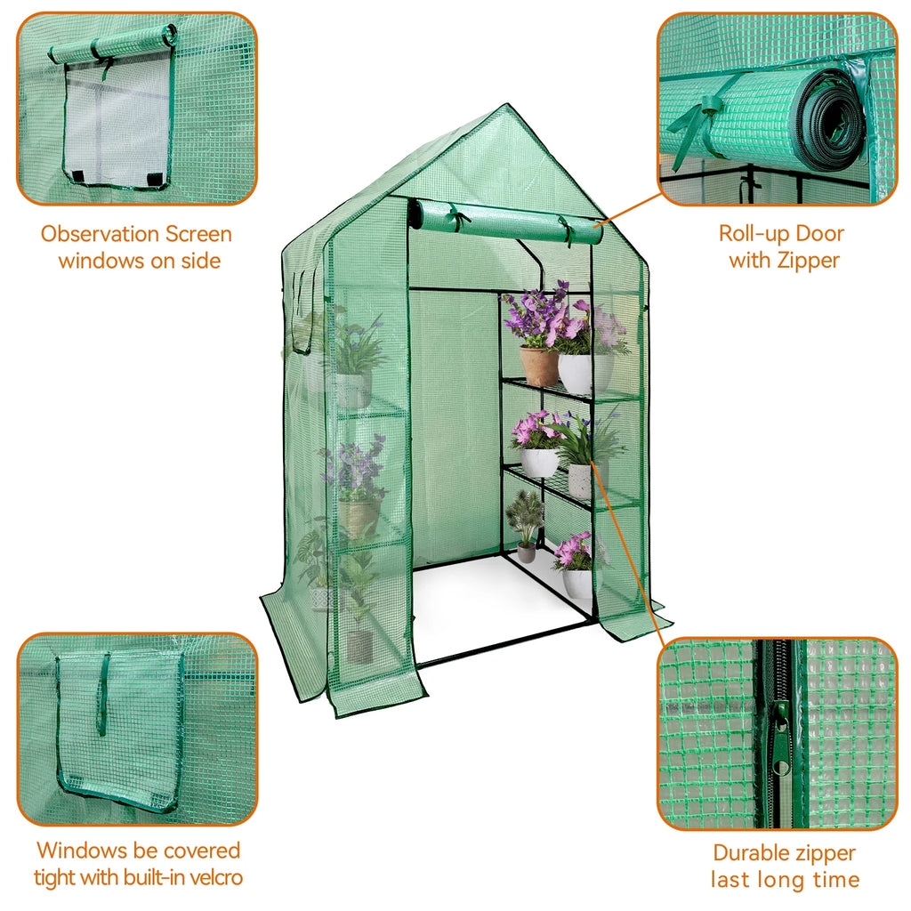 Walk-In Greenhouse Kit with Cover, 3 Tiers 6 Shelves, Portable Greenhouse with Observation Windows, PE Door, Ground Pegs & Ropes W9538