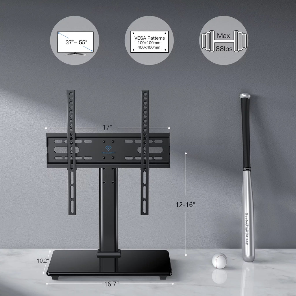 Universal TV Stand for 32-55 Inch TVs Height Adjustable Tempered Glass Base O195