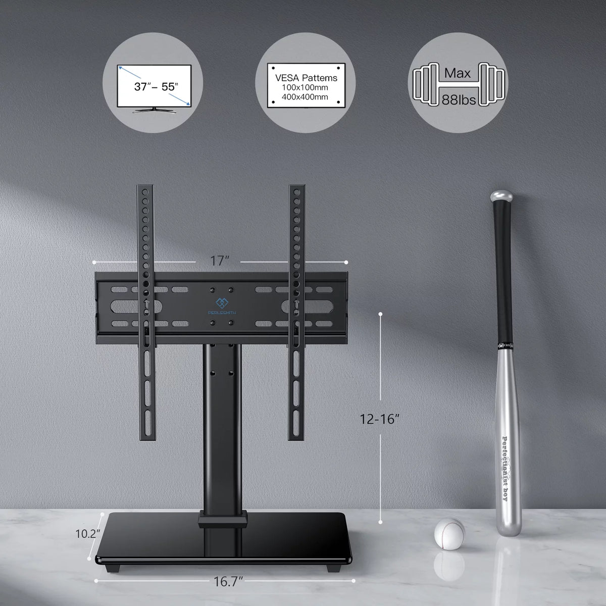 Universal TV Stand for 32-55 Inch TVs Height Adjustable Tempered Glass Base O195