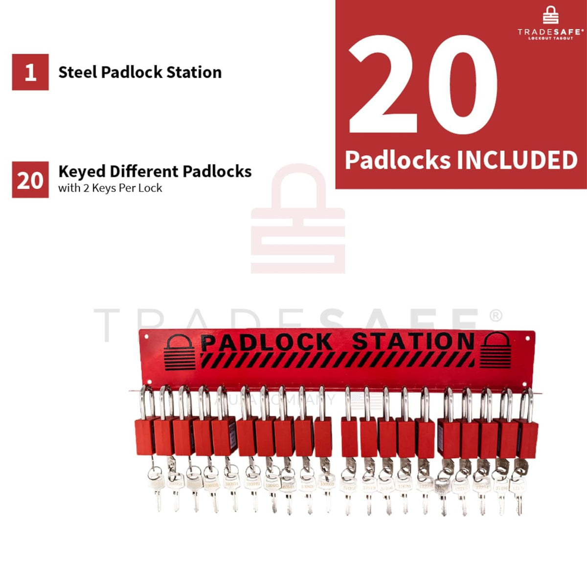 Safety Locks Station with 20 Padlocks, Impact-Resistant Carbon Steel Body Y7322