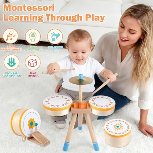 Wooden Kids Drum Kit with Cymbal, Pedal Bass Drum & 2 Drumsticks E691