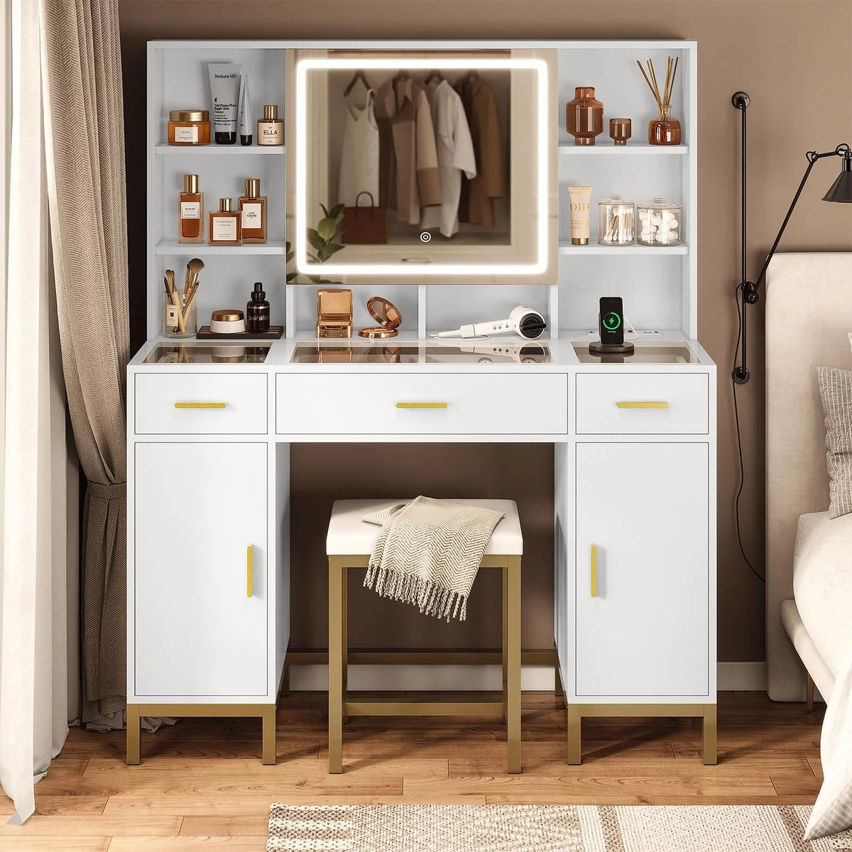 White Makeup Vanity Set with Lights and Mirror Y6111