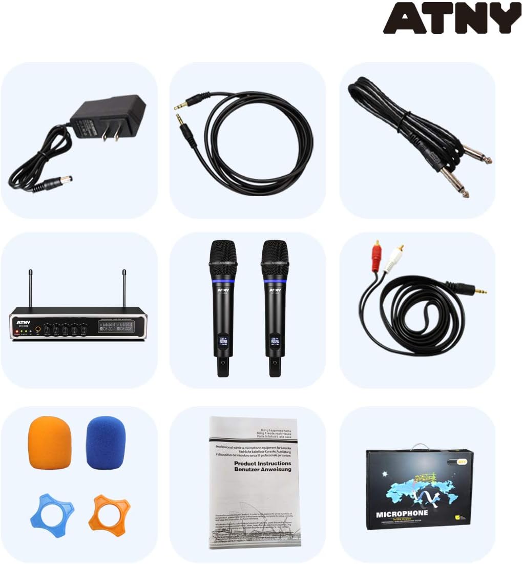 UHF Dual Channel Handheld Wireless Microphone System with 2 Rechargeable Metal Mics and LED Display E1437