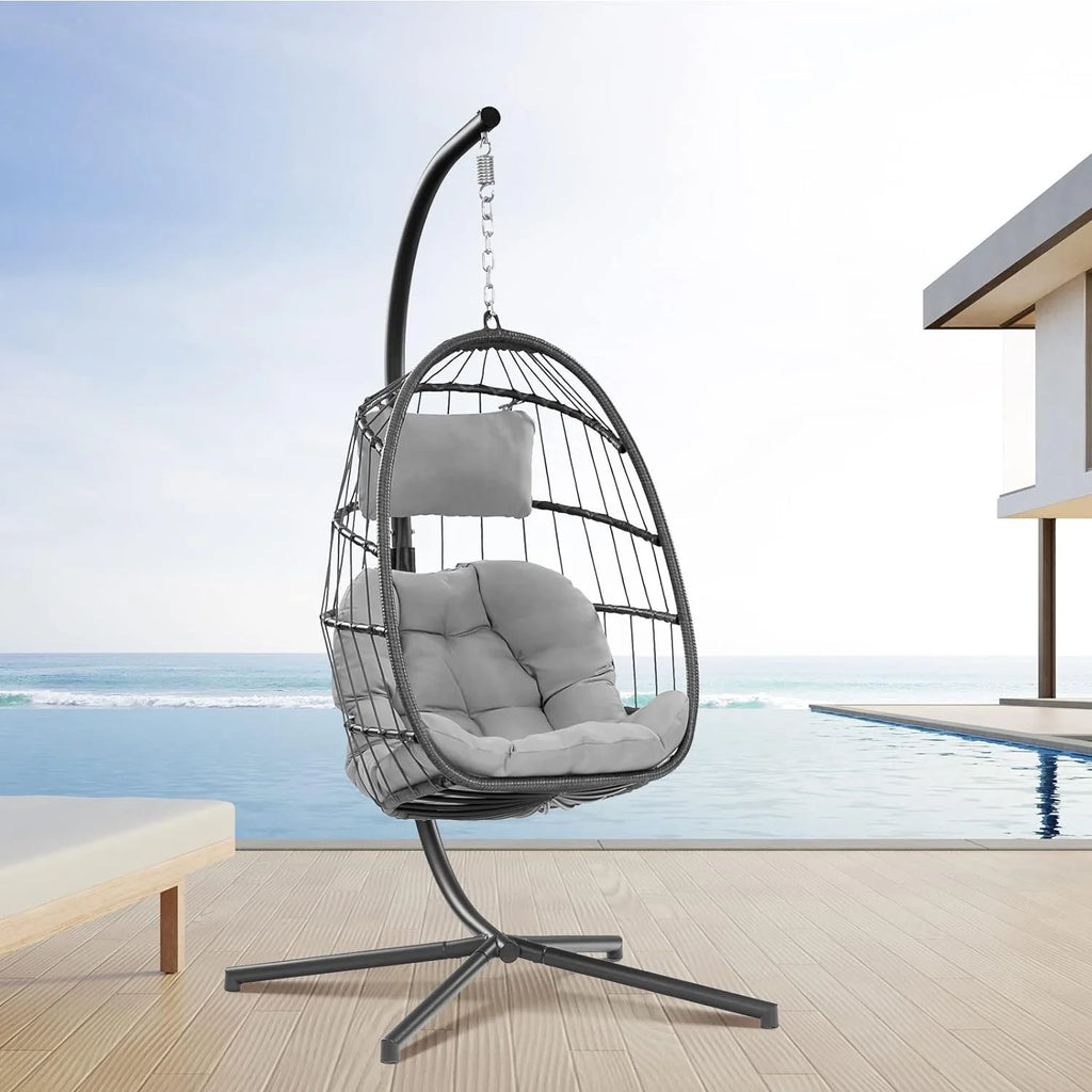 Egg Swing Chair with Bracket Outdoor Rattan Wicker Basket Hammock Chair with Aluminium Steel Frame and UV Cushion N777027