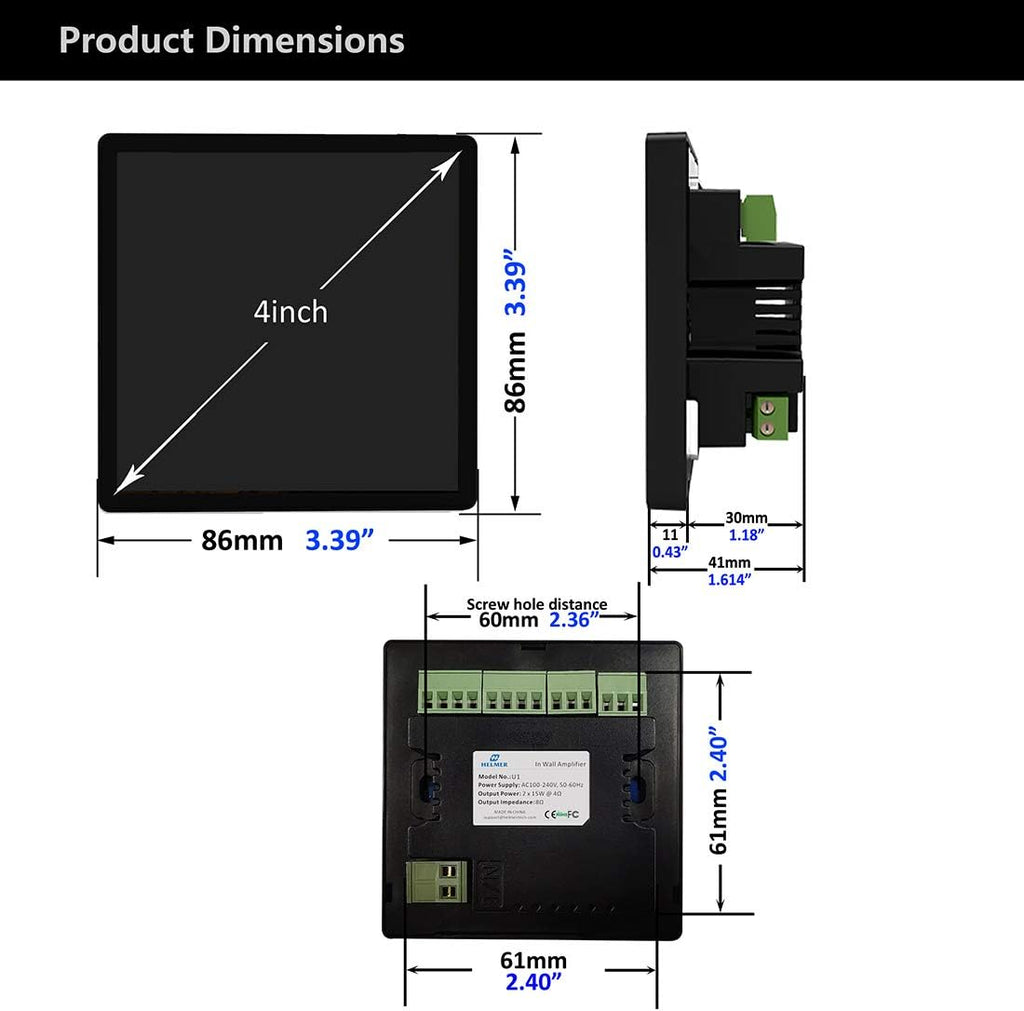 Black Wall Mount Bluetooth Receiver Stereo Audio Amplifier with Touch Screen G646