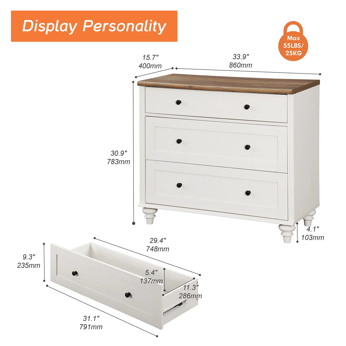 White 3 Drawer Wood Dresser D58393