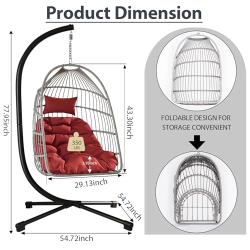Foldable Hanging Egg Chair with Stand, HDPE Rattan and Aluminum-Steel Frame, 350 Lbs Capacity, Beige V5885