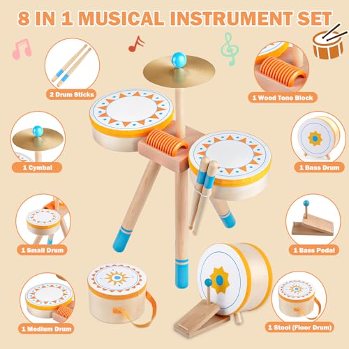Wooden Kids Drum Kit with Cymbal, Pedal Bass Drum & 2 Drumsticks E691