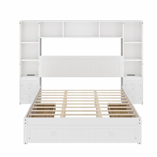 White Full Size Wood Platform Bed with Bookcase Headboard and Drawers F104152