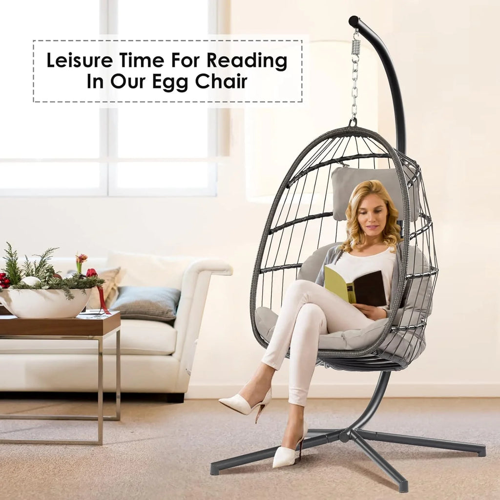 Egg Swing Chair with Bracket Outdoor Rattan Wicker Basket Hammock Chair with Aluminium Steel Frame and UV Cushion N777027