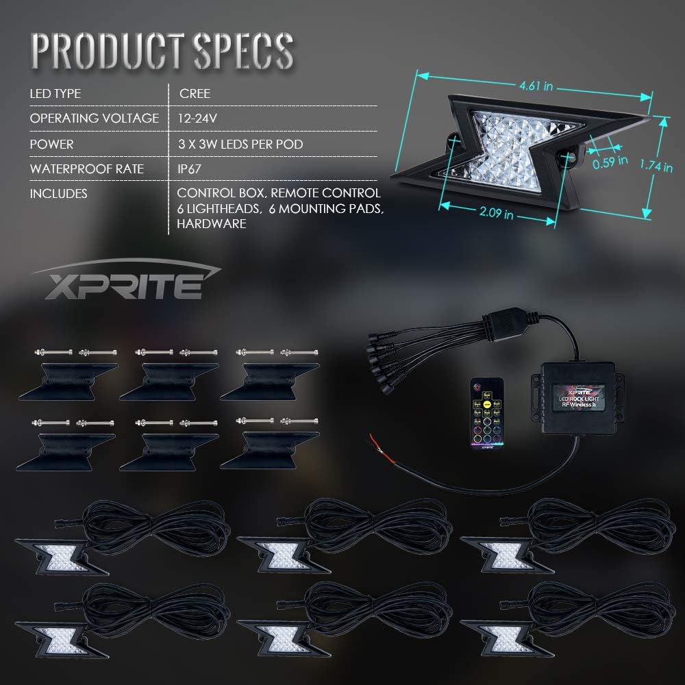RGB LED Rock Lights Kit with Wireless Remote Control, 6PCS V770911