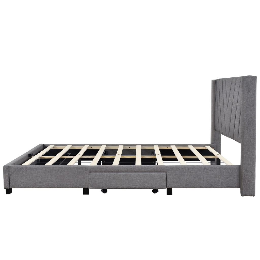 Queen Size Linen Upholstered Platform Bed with 3 Storage Drawers Z66510