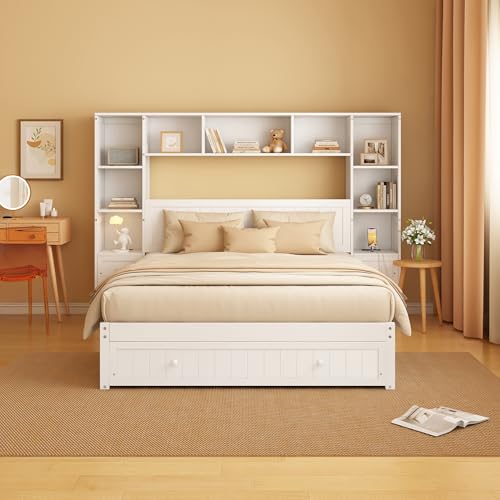 White Full Size Wood Platform Bed with Bookcase Headboard and Drawers F104152
