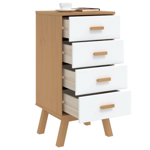 White and Brown Solid Wood Bedside Cabinet with Drawers R7147