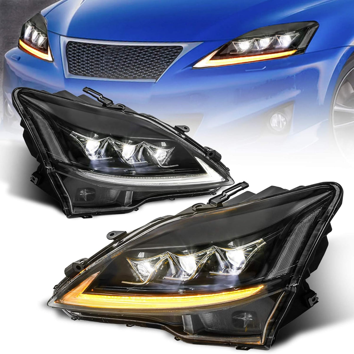 Full LED Projector Headlight with Sequential Turn Light, Amber Reflector (Set of 2) O162