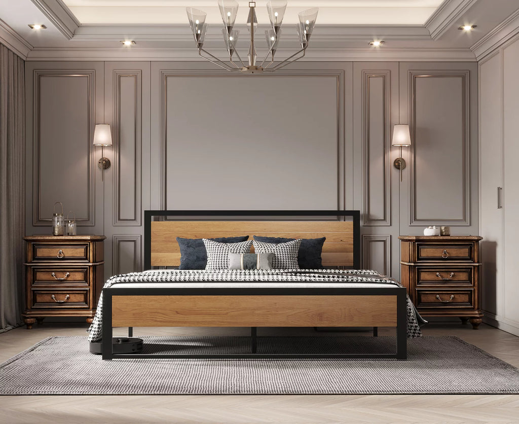 Queen Size Steel Platform Bed Frame with Wood Headboard O579