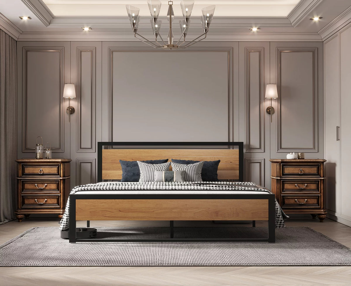 Queen Size Steel Platform Bed Frame with Wood Headboard O579