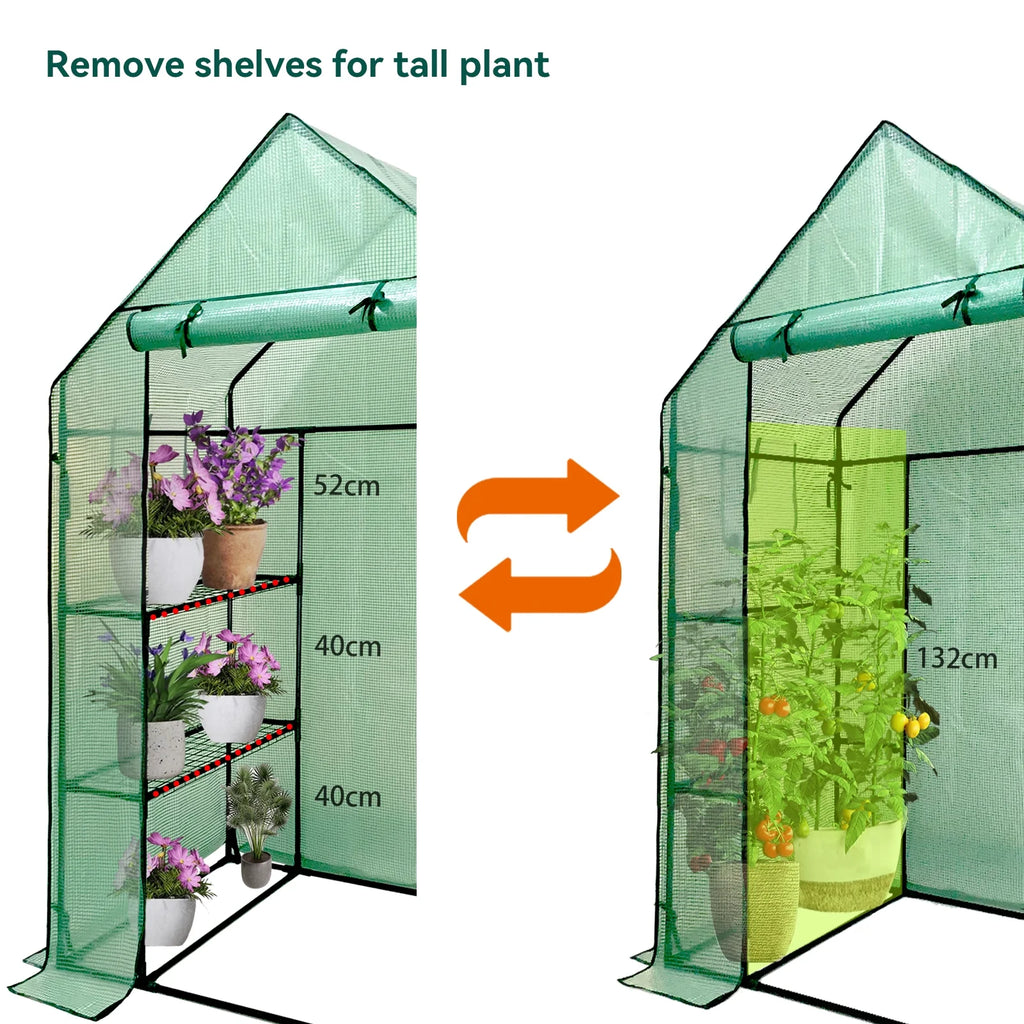 Walk-In Greenhouse Kit with Cover, 3 Tiers 6 Shelves, Portable Greenhouse with Observation Windows, PE Door, Ground Pegs & Ropes W9538