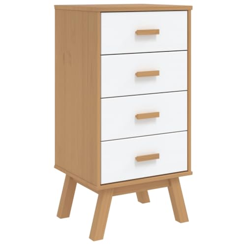 White and Brown Solid Wood Bedside Cabinet with Drawers R7147