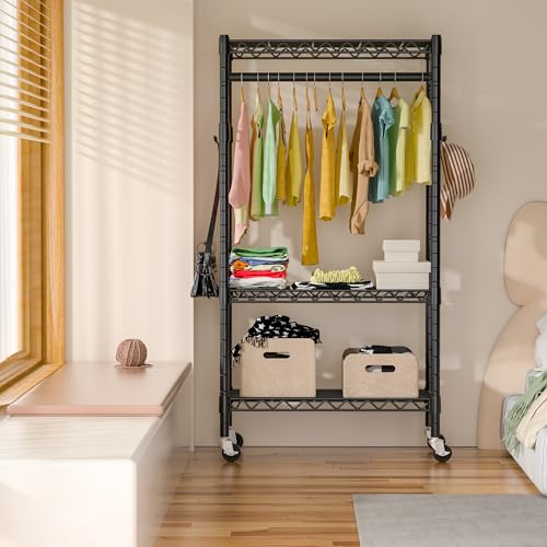 Black Heavy Duty Rolling Garment Rack with Double Rods & Hooks N82819