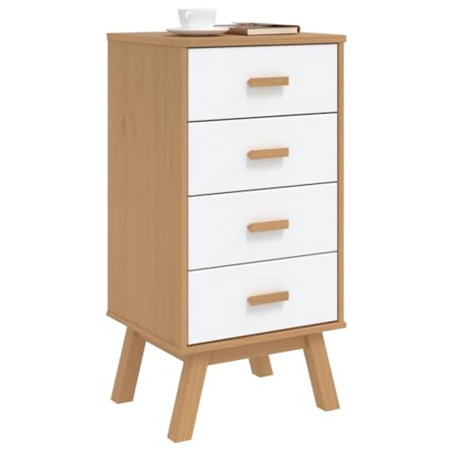 White and Brown Solid Wood Bedside Cabinet with Drawers R7147