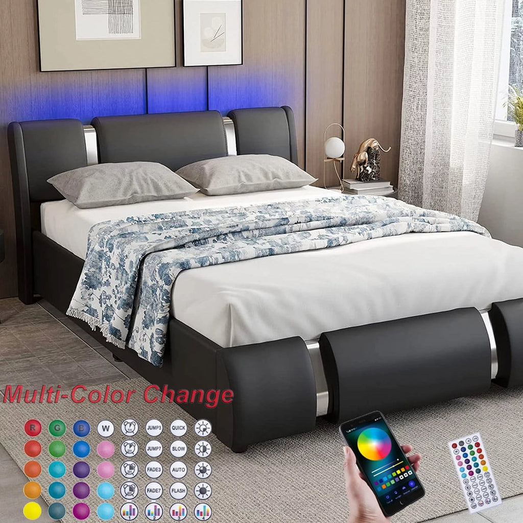 Faux Leather Full Size Platform Bed with LED Light and Adjustable Headboard A442