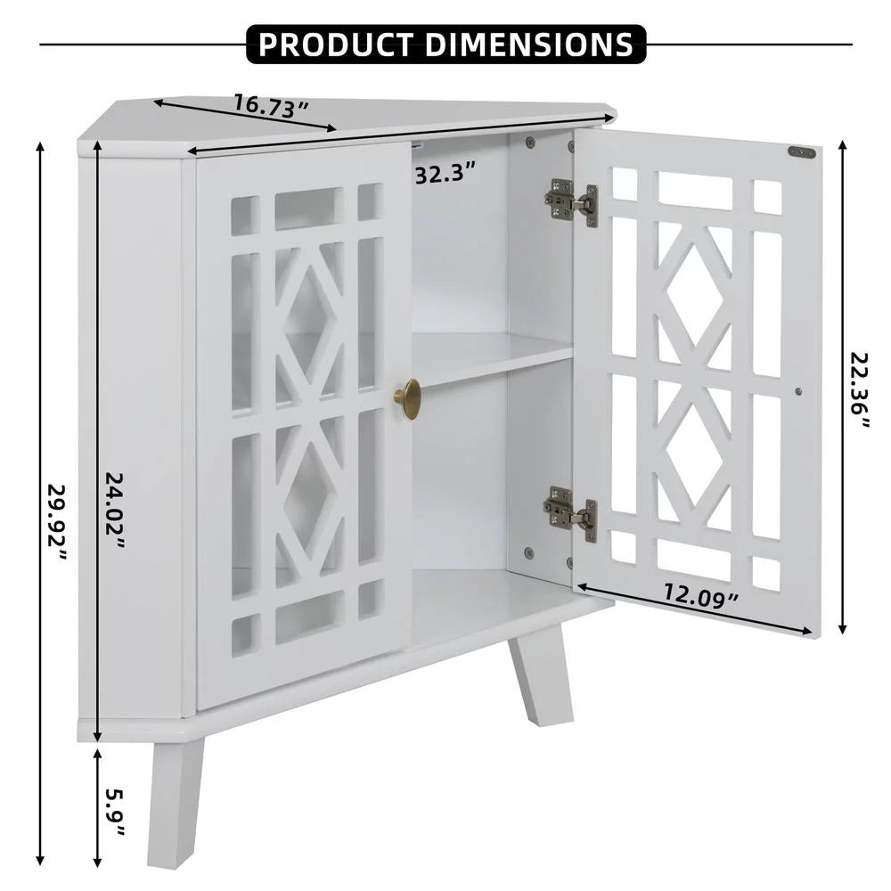 White 32" Corner Storage Cabinet with 2 Doors and 2-Tier Shelves C82366