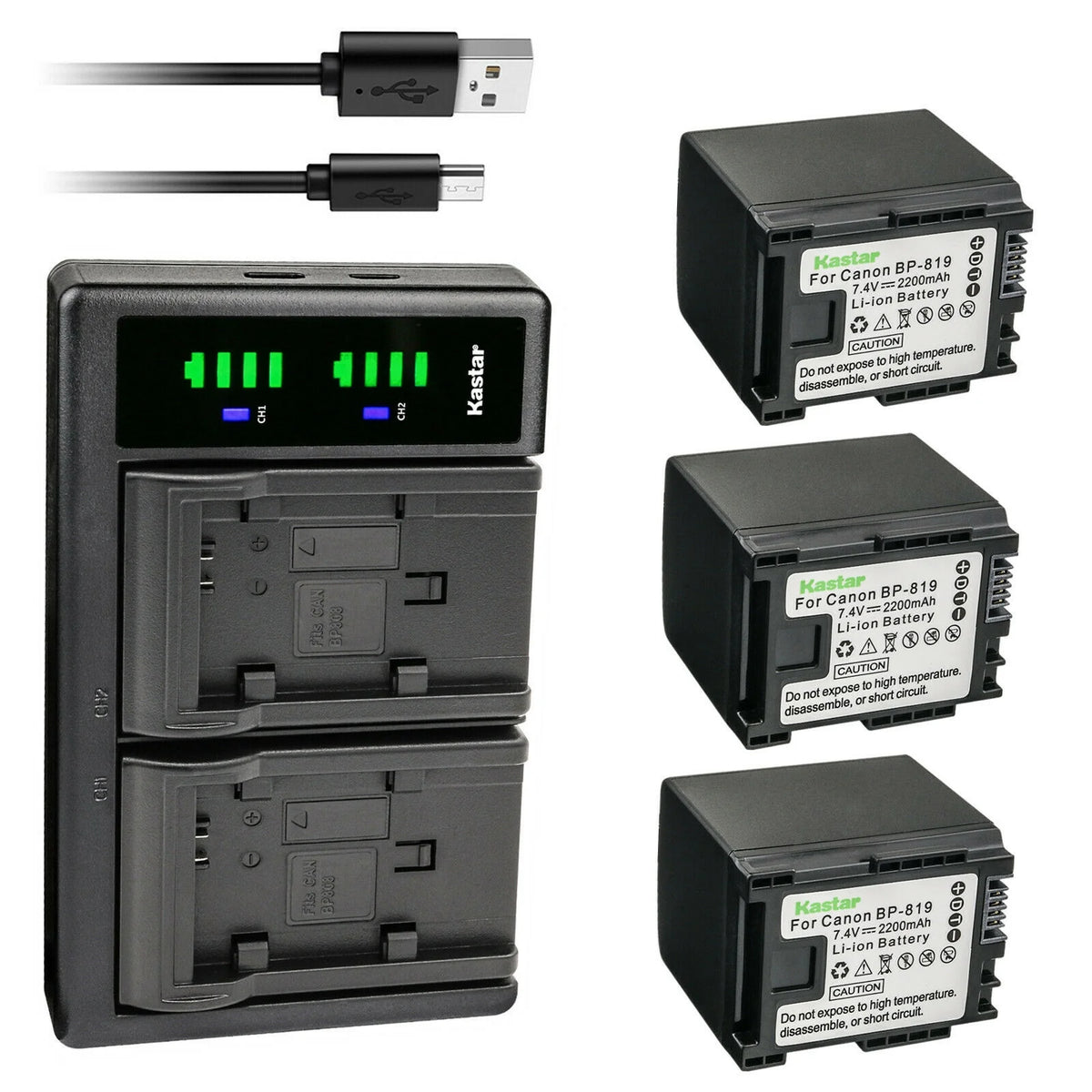 3-Pack Battery and USB Charger for Canon Flash Memory Camcorder U598809