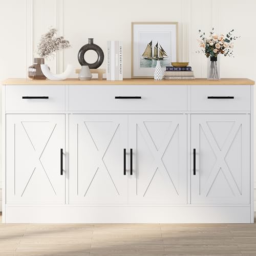 White 53.4" Wood Buffet Cabinet with 3 Drawers and 4 Doors Z246
