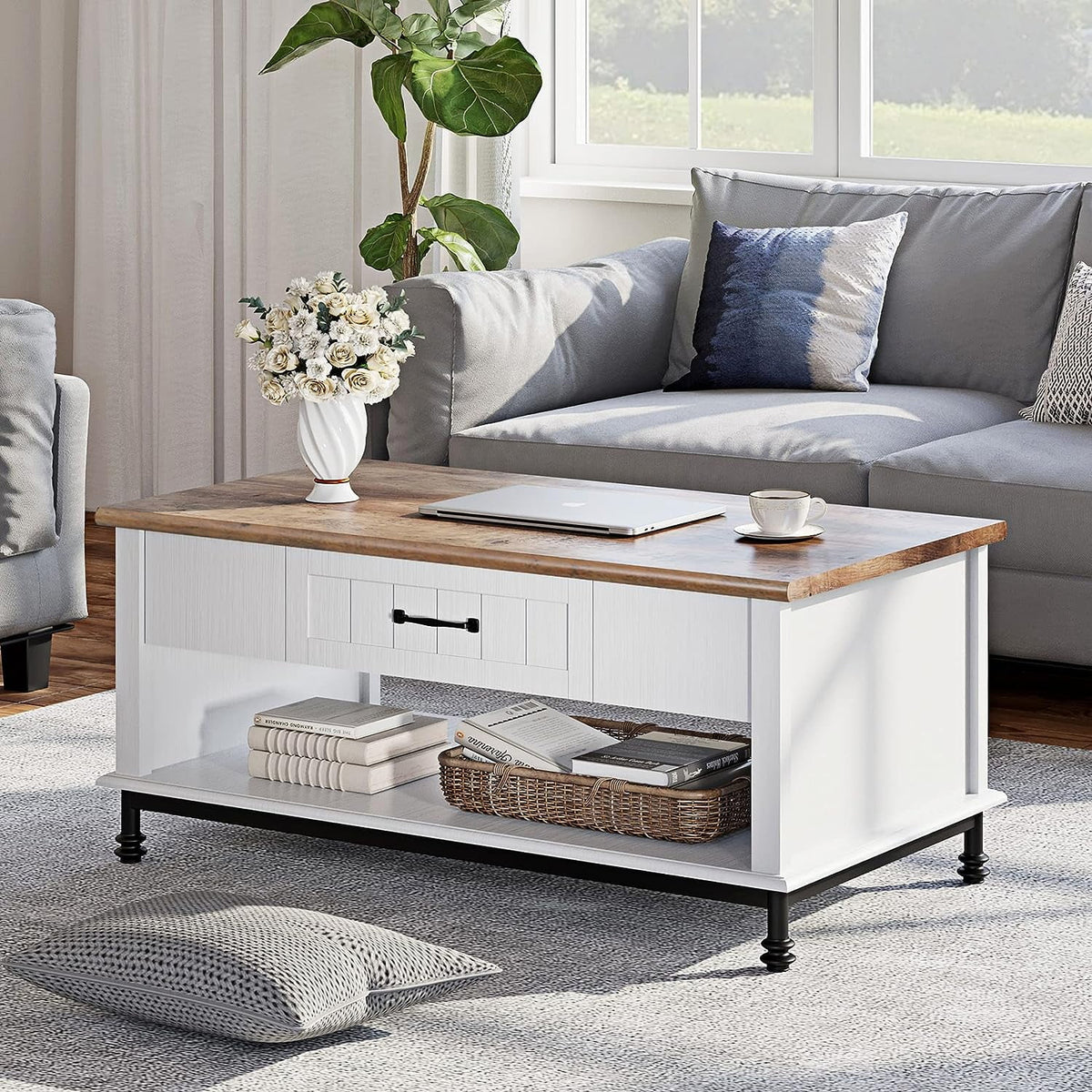 White Coffee Table with 1 Drawer and Storage Shelf J497859