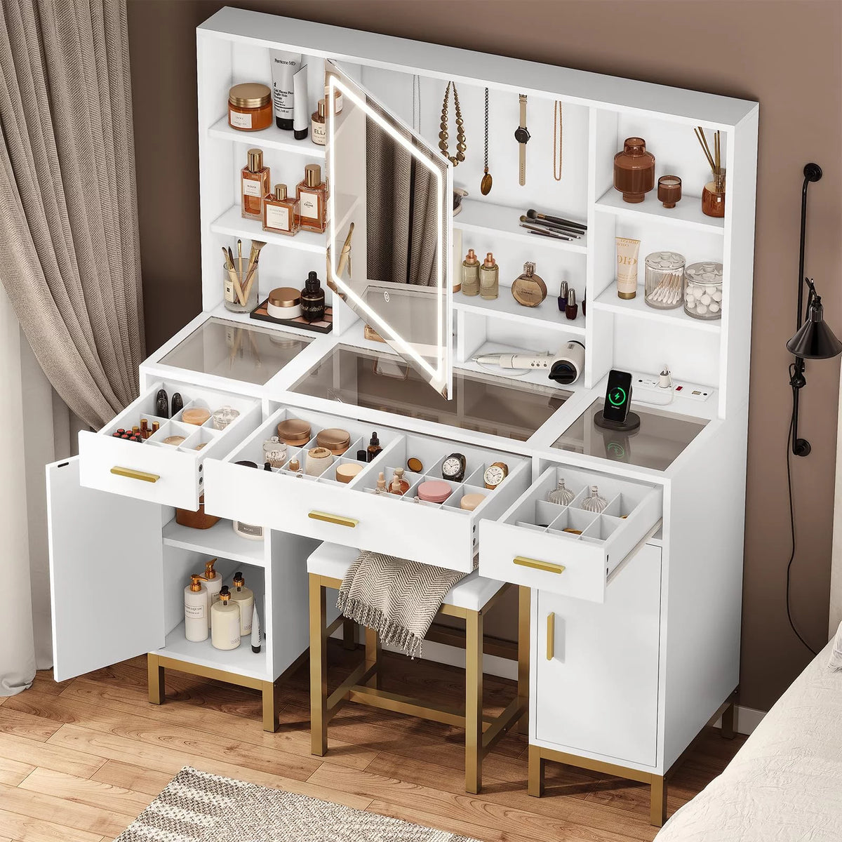 White Makeup Vanity Set with Lights and Mirror Y6111