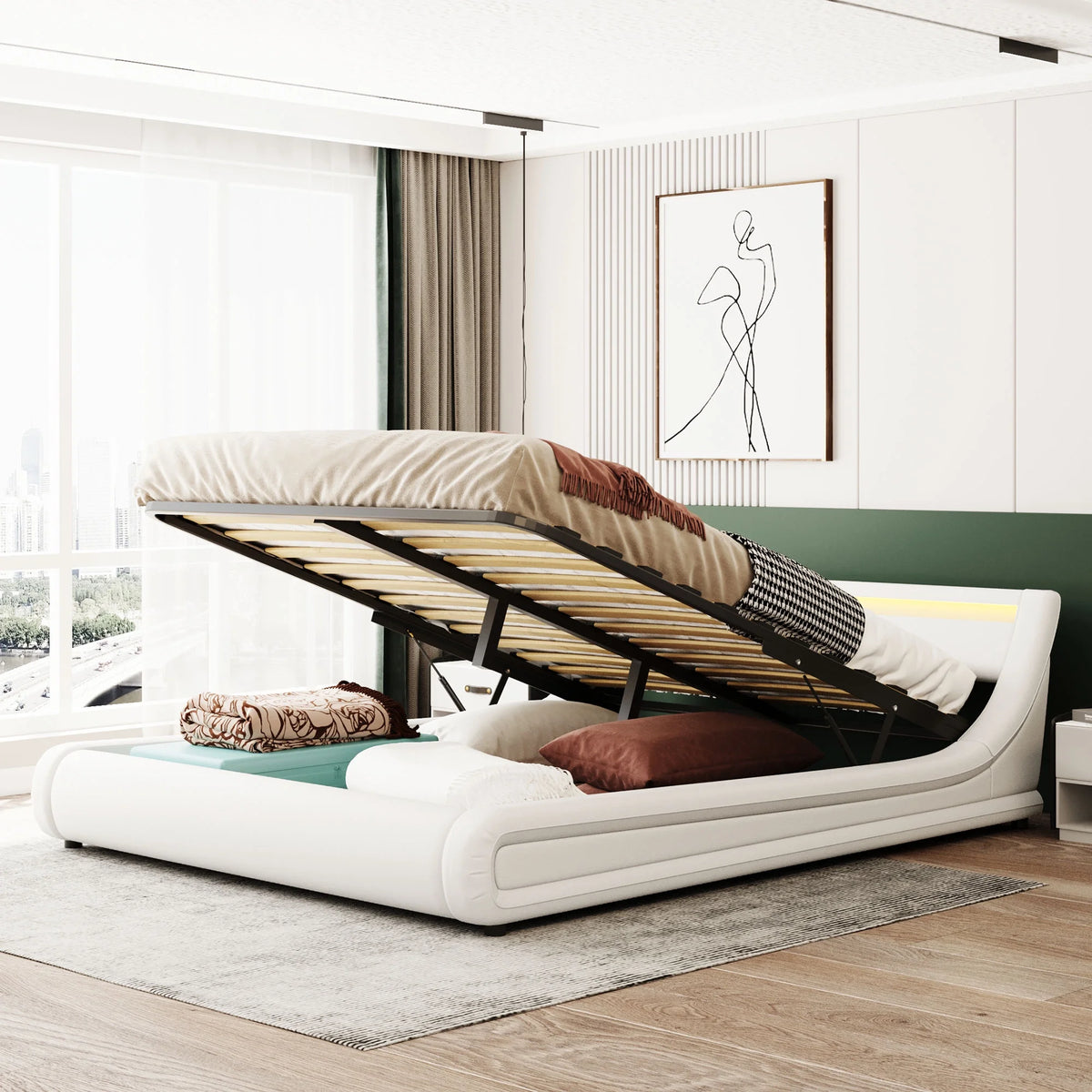 Queen Faux Leather Upholstered Platform Bed Frame with LED Lights Headboard O135662