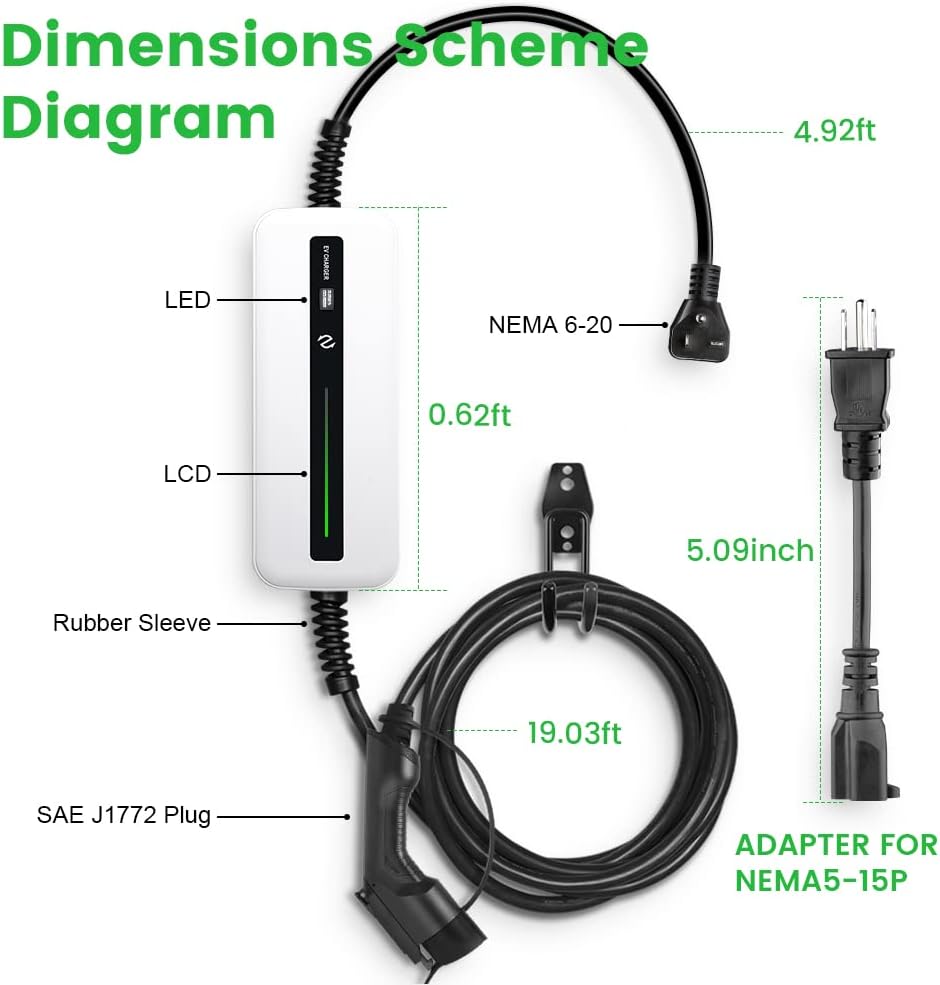 Portable EV Charger with NEMA 6-20 Plug and NEMA 5-15 Adapter, 25ft, IP65 H56838