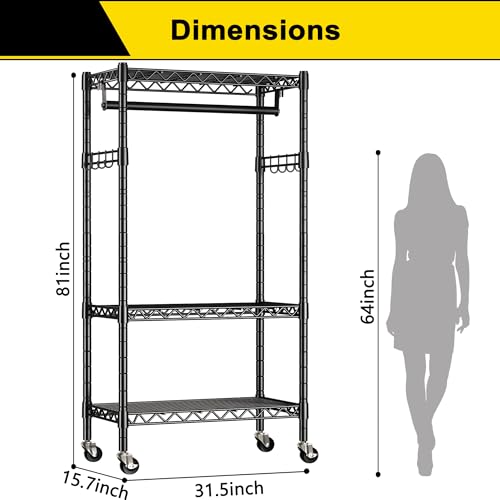 Black Heavy Duty Rolling Garment Rack with Double Rods & Hooks N82819