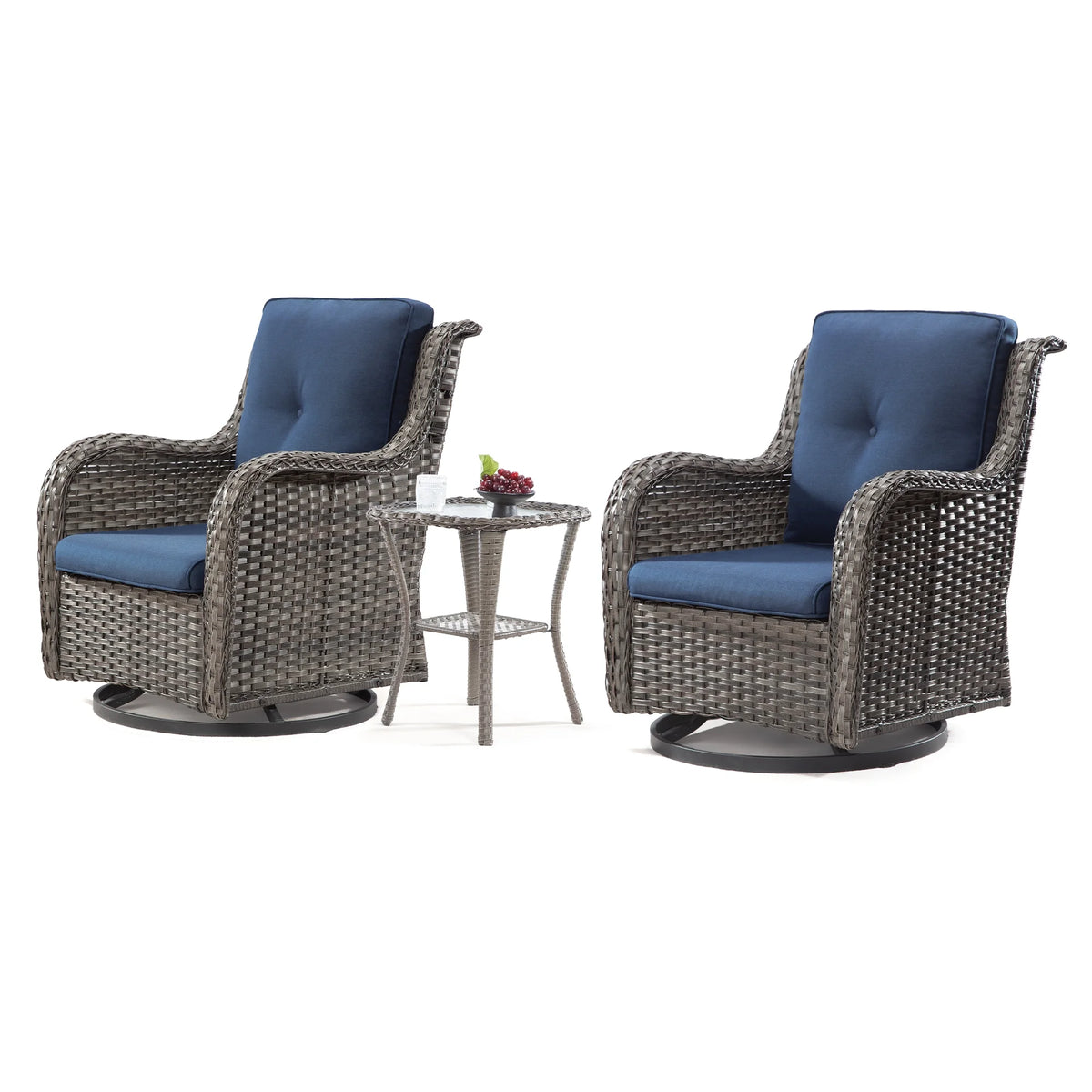 Blue Wicker Patio Swivel Rocker Chairs Set of 2 with Table E229776