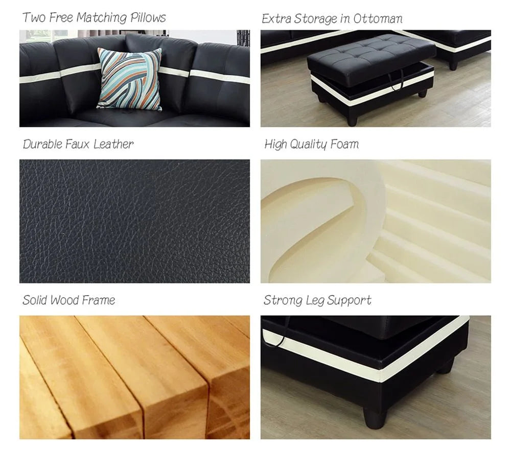 Black & White Faux Leather Sectional with Ottoman Left Hand Facing F128
