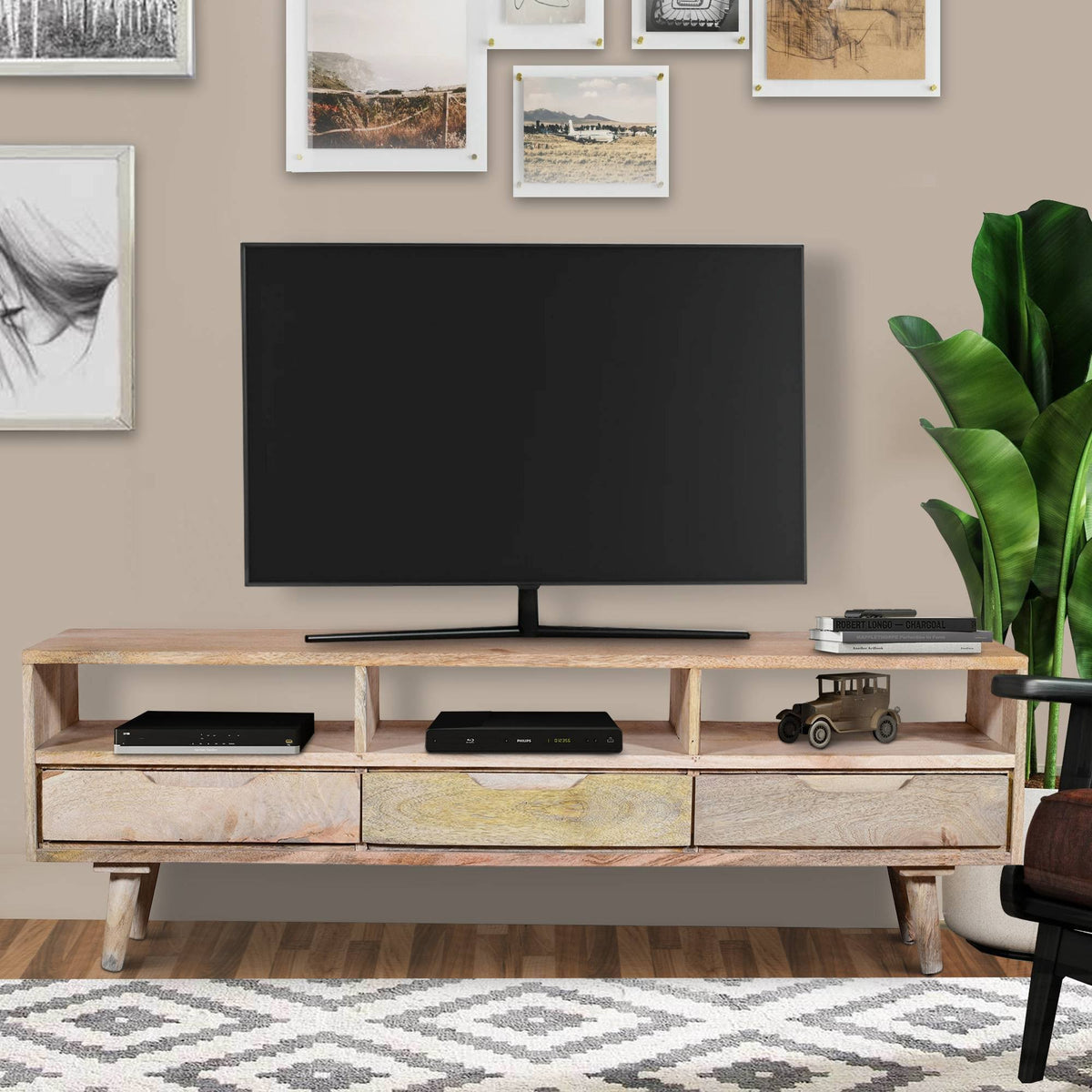 3 Drawer Mango Wood TV Media Cabinet with 3 Open Compartments Q774610