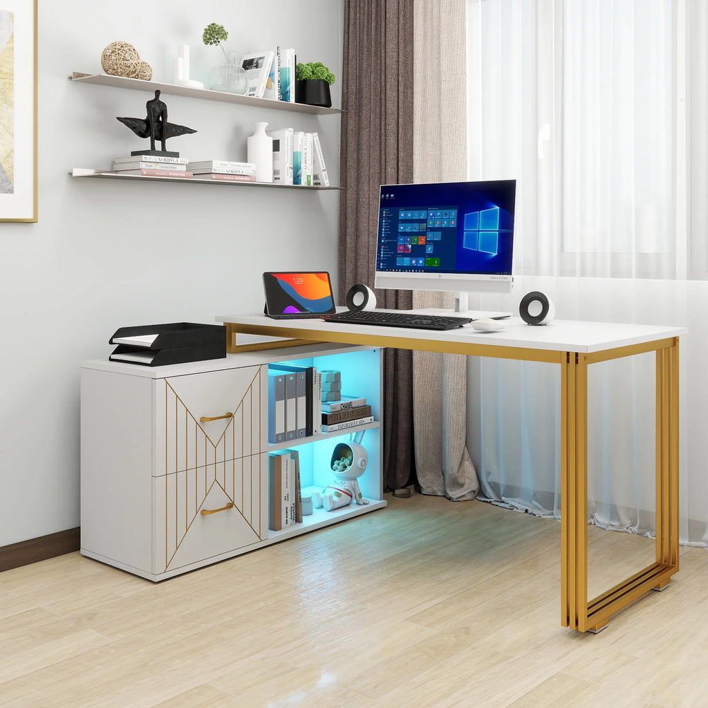 White 55 Inch L Shaped Corner Desk with Drawers and Storage Shelves L8875