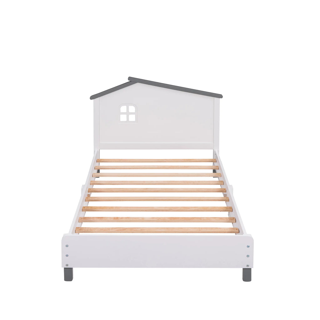 Twin Size Wood Platform Bed with House-Shaped Headboard E181