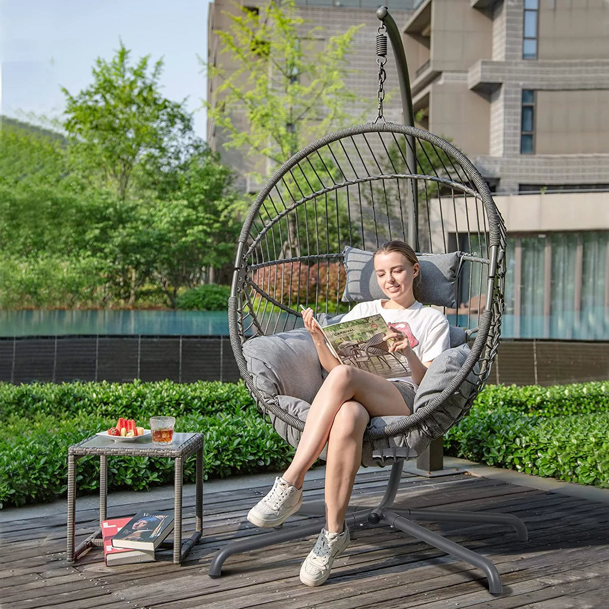 Oversized Dark Gray Cocoon-Shaped Hammock Chair with Stand C770418