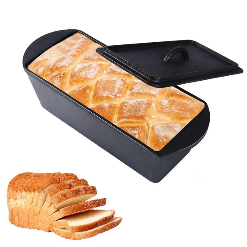 Cast Iron Bread Pan with Lid - 2LB Capacity (13x5 Inch) Large Pullman Loaf Pan - Non-Stick, Pre-Seasoned, Black I72200