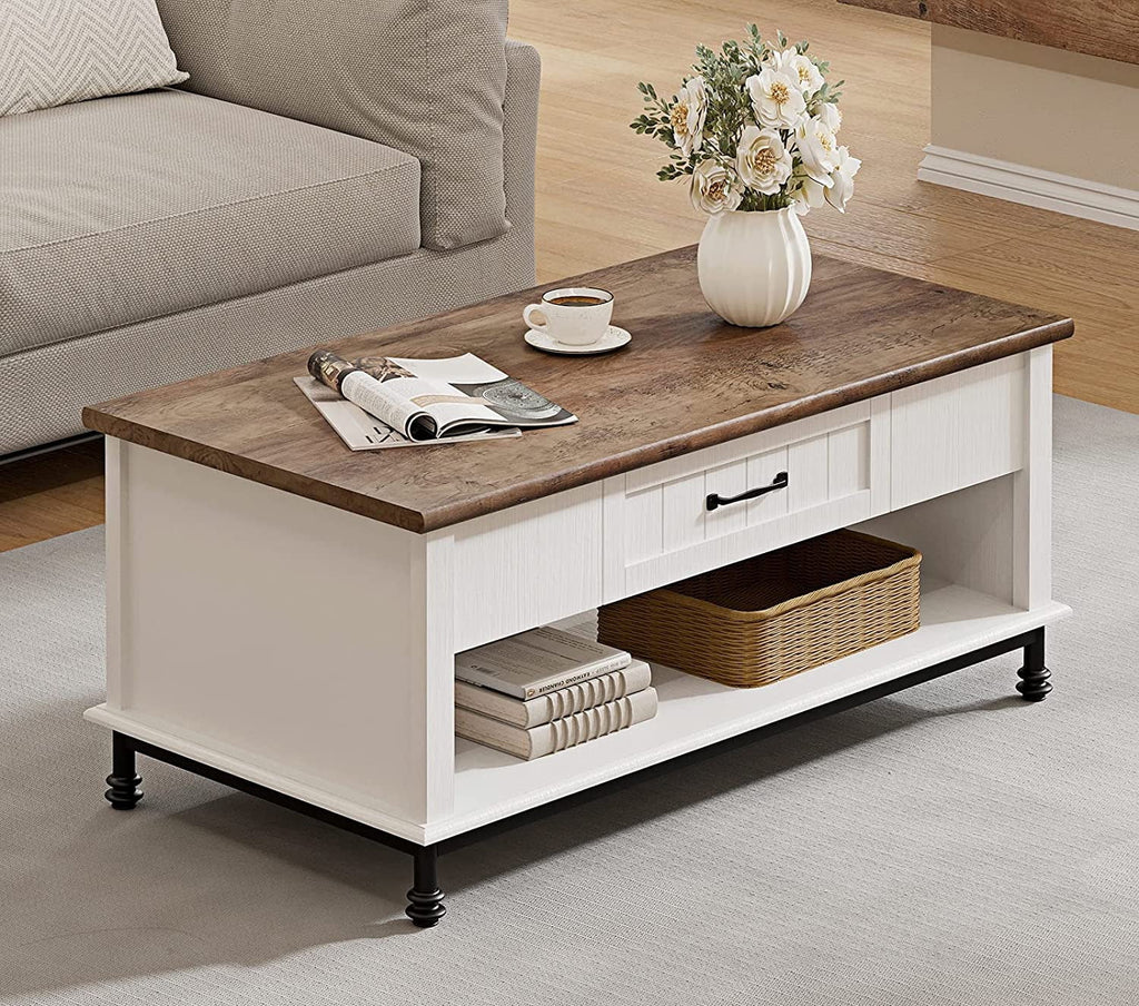 White Coffee Table with 1 Drawer and Storage Shelf J497859